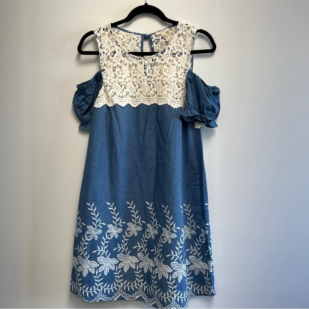 GANJI Blue Soft Chambray Off Shoulder Denim and Ivory Lace Midi Dress